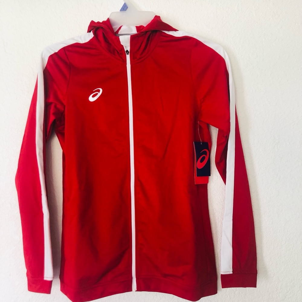 ASICS Hooded Sweatshirt unisex Red-White White with Zip On The Front Section -S
